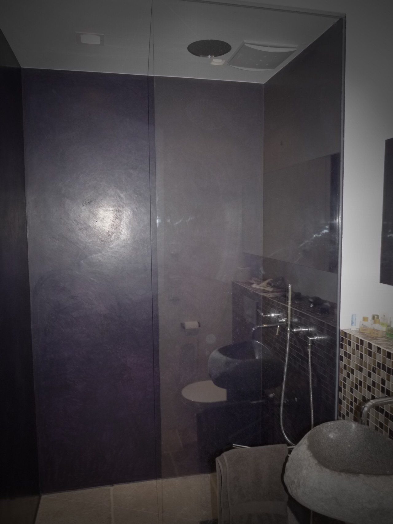 Dusche mit anthrazitfarbener fugenloser Wand